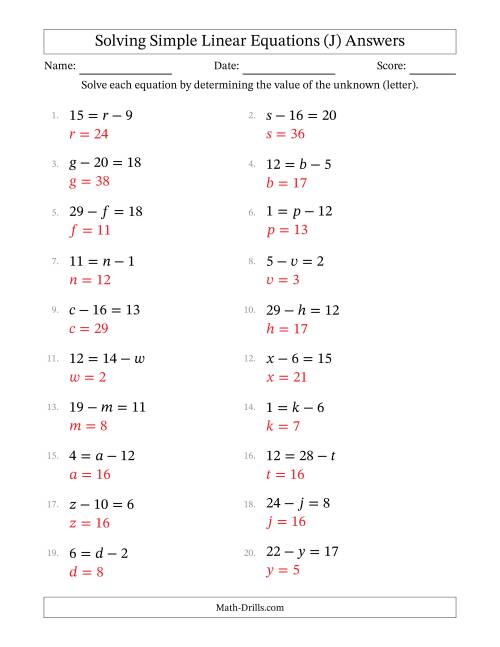 The Solving Simple Linear Equations with Letters as Unknowns (Subtraction Only; Range 1 to 20; Unknowns Never in Answer Position) (J) Math Worksheet Page 2