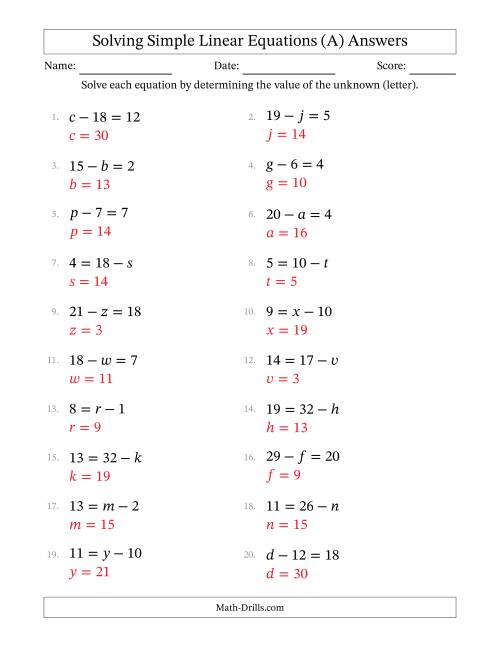 The Solving Simple Linear Equations with Letters as Unknowns (Subtraction Only; Range 1 to 20; Unknowns Never in Answer Position) (All) Math Worksheet Page 2