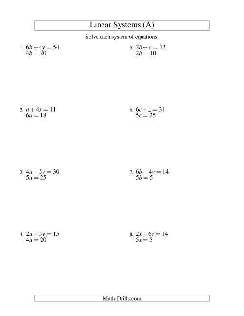 The Systems of Linear Equations -- Two Variables -- Easy (A) Math Worksheet