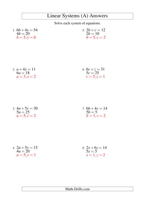 The Systems of Linear Equations -- Two Variables -- Easy (A) Math Worksheet Page 2