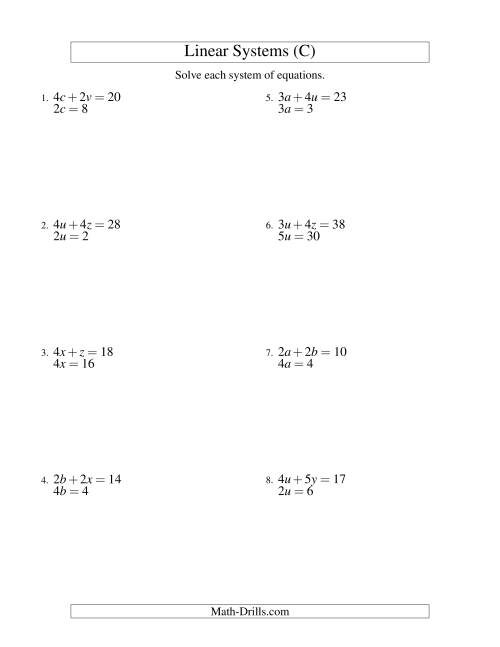 The Systems of Linear Equations -- Two Variables -- Easy (C) Math Worksheet