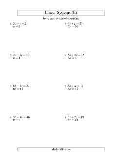 Systems of Linear Equations -- Two Variables -- Easy (E) Algebra Worksheet