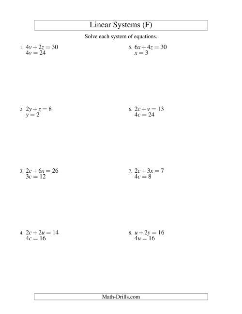 The Systems of Linear Equations -- Two Variables -- Easy (F) Math Worksheet