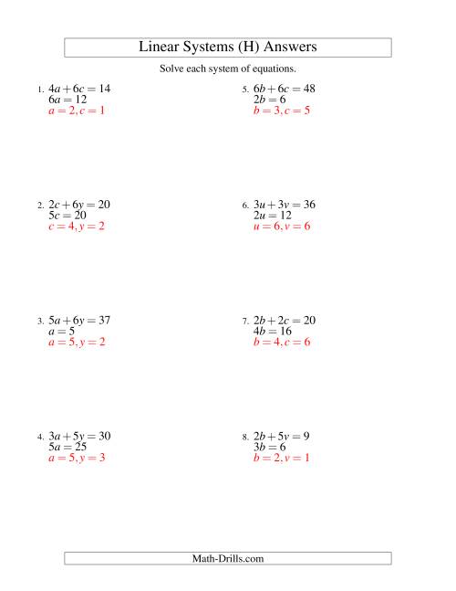The Systems of Linear Equations -- Two Variables -- Easy (H) Math Worksheet Page 2