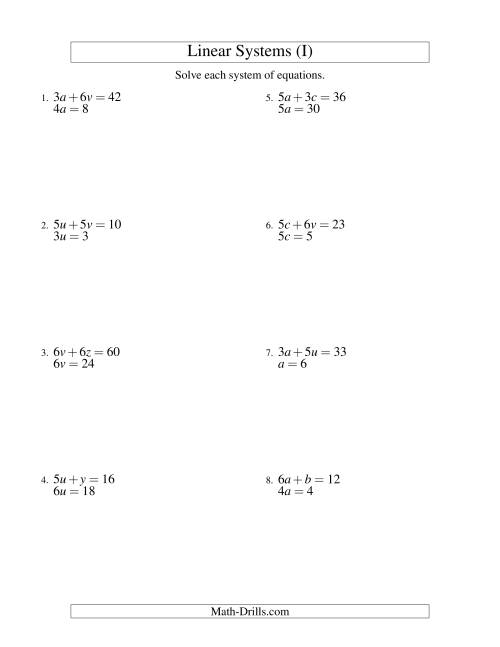 The Systems of Linear Equations -- Two Variables -- Easy (I) Math Worksheet
