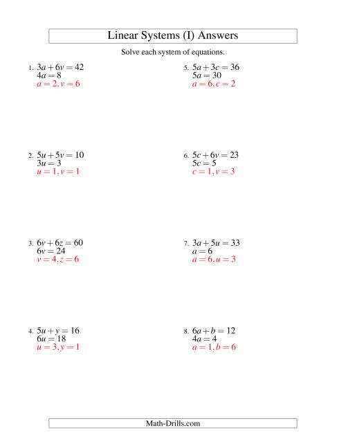 The Systems of Linear Equations -- Two Variables -- Easy (I) Math Worksheet Page 2