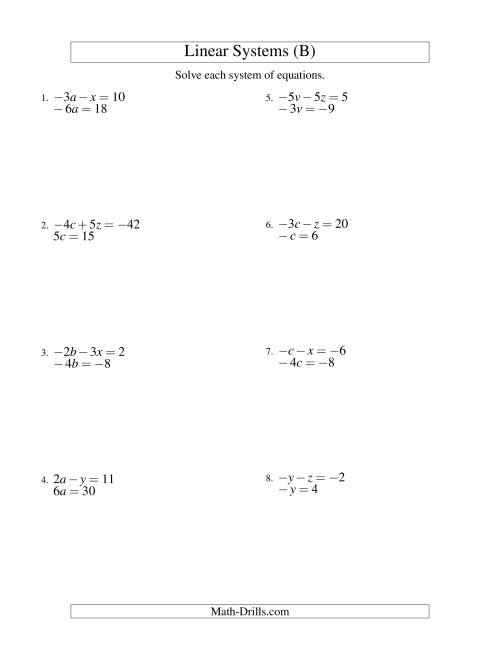 The Systems of Linear Equations -- Two Variables Including Negative Values -- Easy (B) Math Worksheet