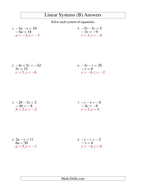 The Systems of Linear Equations -- Two Variables Including Negative Values -- Easy (B) Math Worksheet Page 2