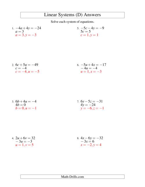 The Systems of Linear Equations -- Two Variables Including Negative Values -- Easy (D) Math Worksheet Page 2