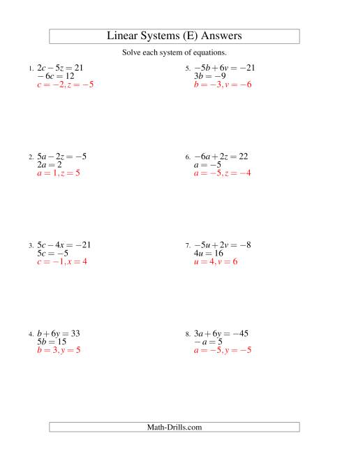 The Systems of Linear Equations -- Two Variables Including Negative Values -- Easy (E) Math Worksheet Page 2