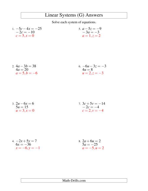 The Systems of Linear Equations -- Two Variables Including Negative Values -- Easy (G) Math Worksheet Page 2