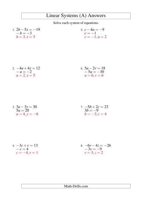 The Systems of Linear Equations -- Two Variables Including Negative Values -- Easy (All) Math Worksheet Page 2