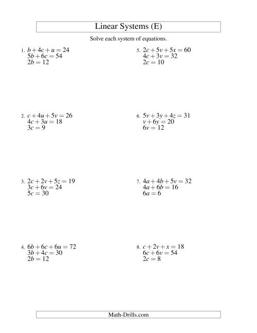 The Systems of Linear Equations -- Three Variables -- Easy (E) Math Worksheet