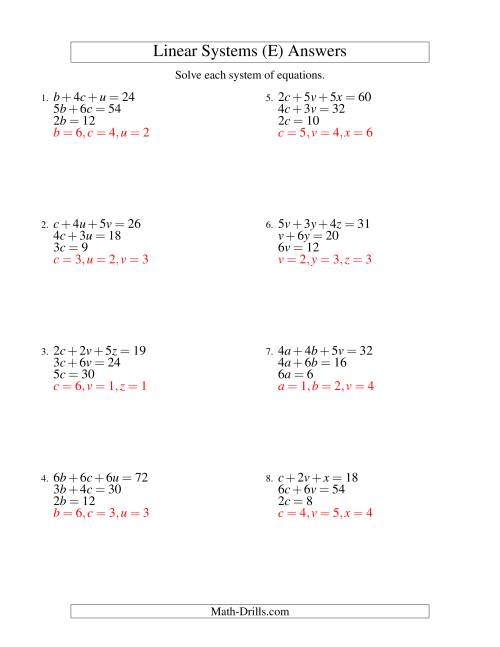 The Systems of Linear Equations -- Three Variables -- Easy (E) Math Worksheet Page 2
