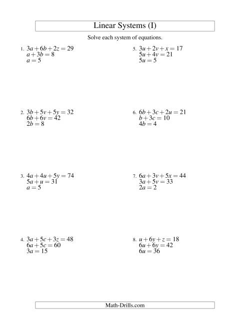Systems of Linear Equations -- Three Variables -- Easy (I)