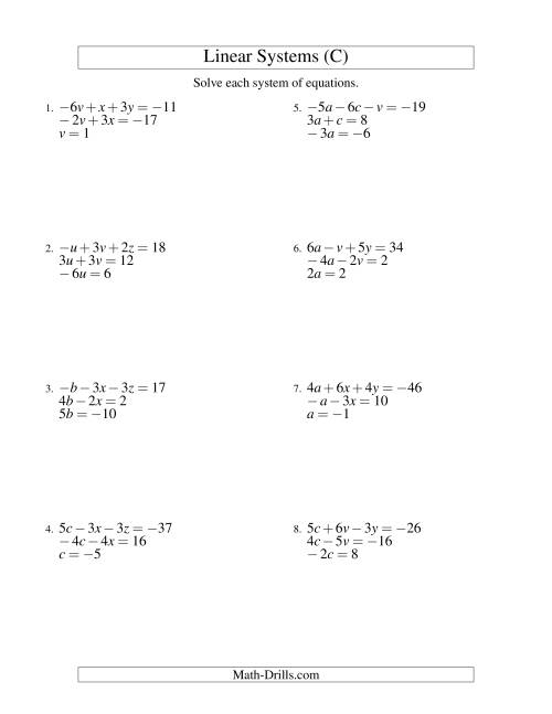 The Systems of Linear Equations -- Three Variables Including Negative Values -- Easy (C) Math Worksheet