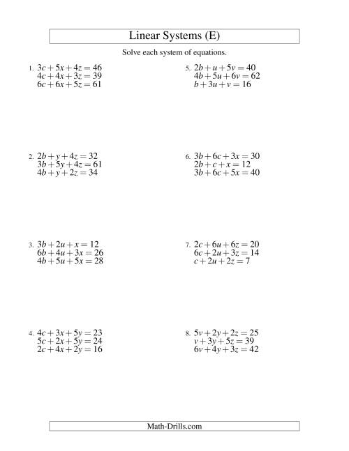 The Systems of Linear Equations -- Three Variables (E) Math Worksheet
