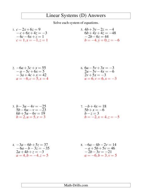 The Systems of Linear Equations -- Three Variables Including Negative Values (D) Math Worksheet Page 2