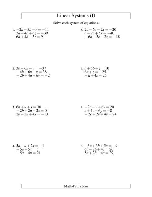 The Systems of Linear Equations -- Three Variables Including Negative Values (I) Math Worksheet