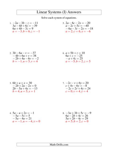 The Systems of Linear Equations -- Three Variables Including Negative Values (I) Math Worksheet Page 2