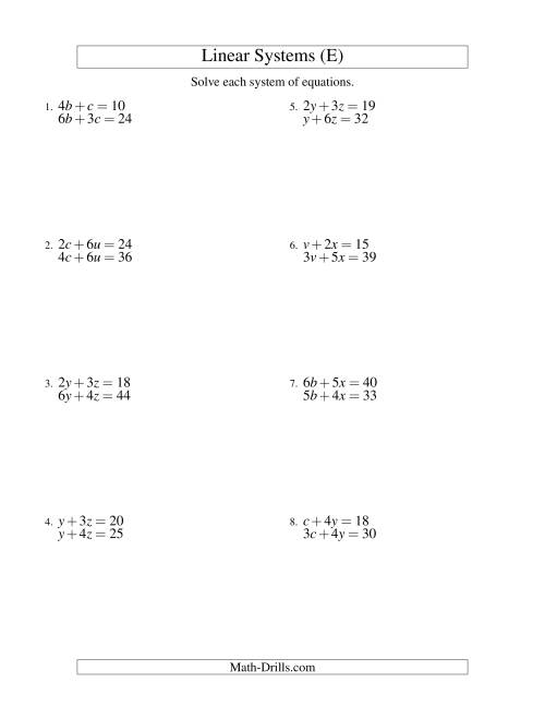 The Systems of Linear Equations -- Two Variables (E) Math Worksheet
