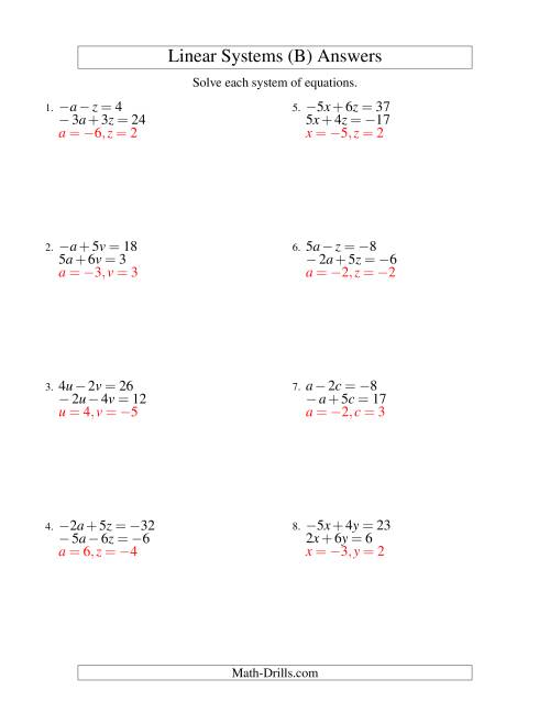 The Systems of Linear Equations -- Two Variables Including Negative Values (B) Math Worksheet Page 2