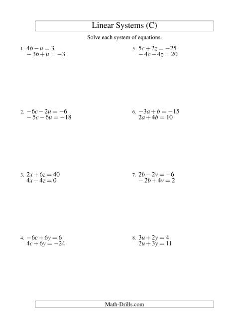 The Systems of Linear Equations -- Two Variables Including Negative Values (C) Math Worksheet