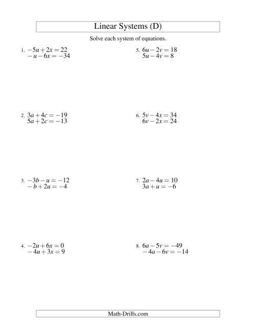 The Systems of Linear Equations -- Two Variables Including Negative Values (D) Math Worksheet