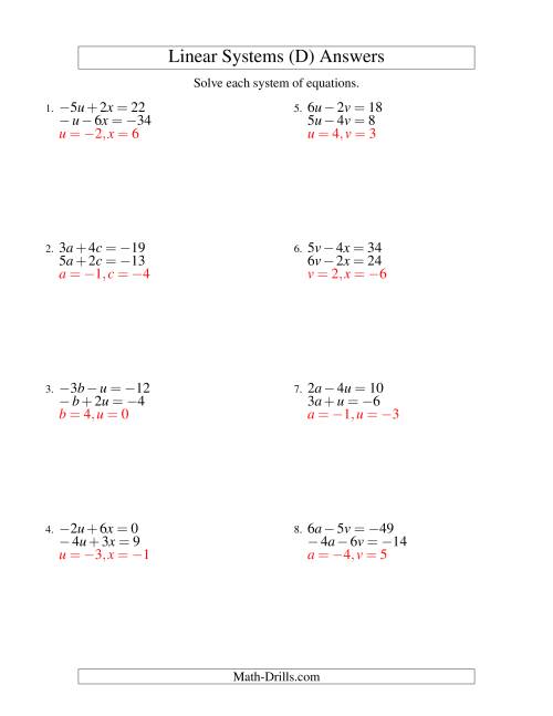 The Systems of Linear Equations -- Two Variables Including Negative Values (D) Math Worksheet Page 2