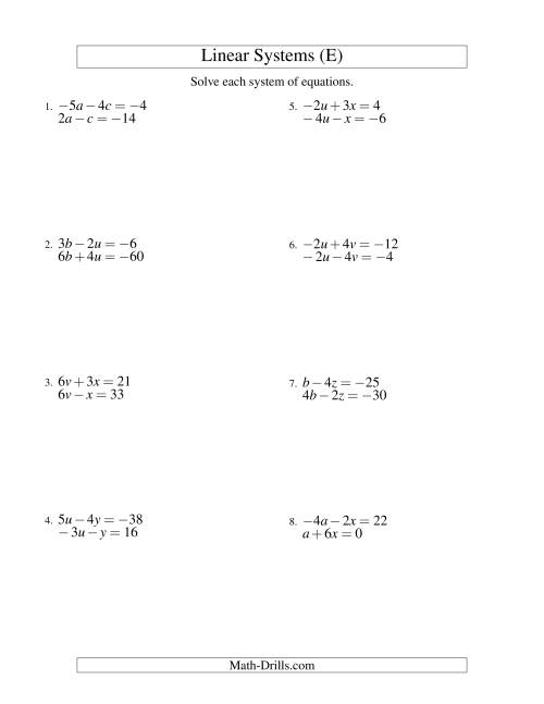 The Systems of Linear Equations -- Two Variables Including Negative Values (E) Math Worksheet