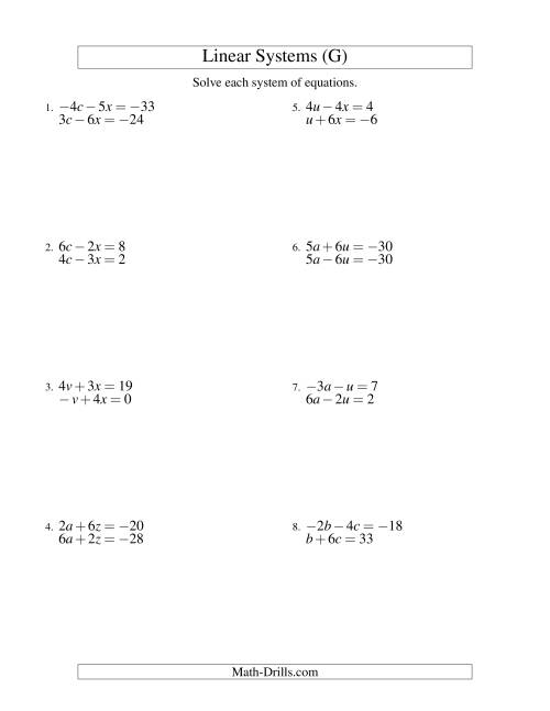 The Systems of Linear Equations -- Two Variables Including Negative Values (G) Math Worksheet