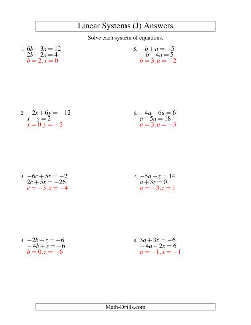 The Systems of Linear Equations -- Two Variables Including Negative Values (J) Math Worksheet Page 2