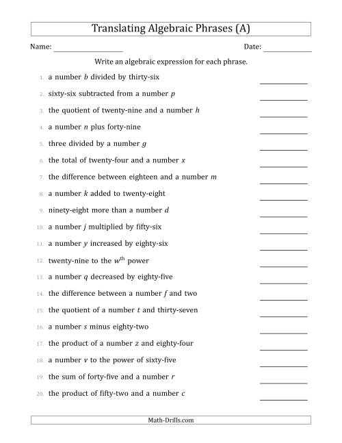 The Translating Algebraic Phrases (Simple Version) (A) Math Worksheet
