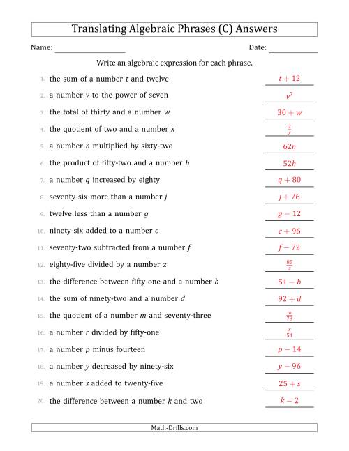 Translating Algebraic Phrases Simple Version C 