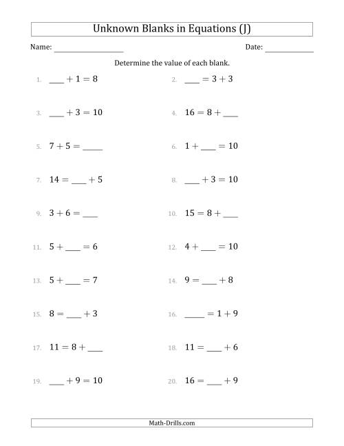 The Unknown Blanks in Equations - Addition - Range 1 to 9 - Any Position (J) Math Worksheet