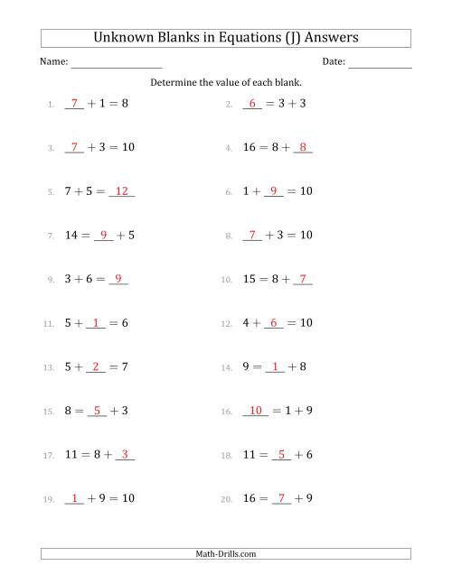 The Unknown Blanks in Equations - Addition - Range 1 to 9 - Any Position (J) Math Worksheet Page 2