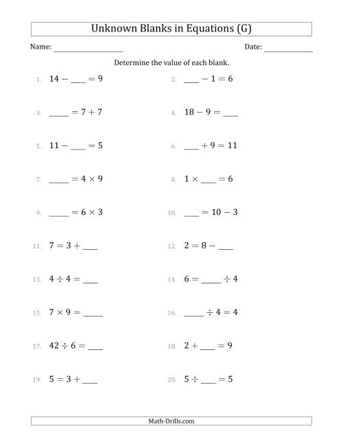 The Unknown Blanks in Equations - All Operations - Range 1 to 9 - Any Position (G) Math Worksheet
