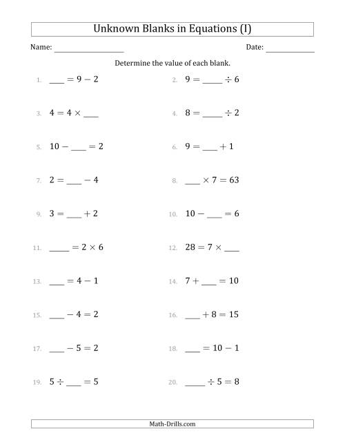 The Unknown Blanks in Equations - All Operations - Range 1 to 9 - Any Position (I) Math Worksheet