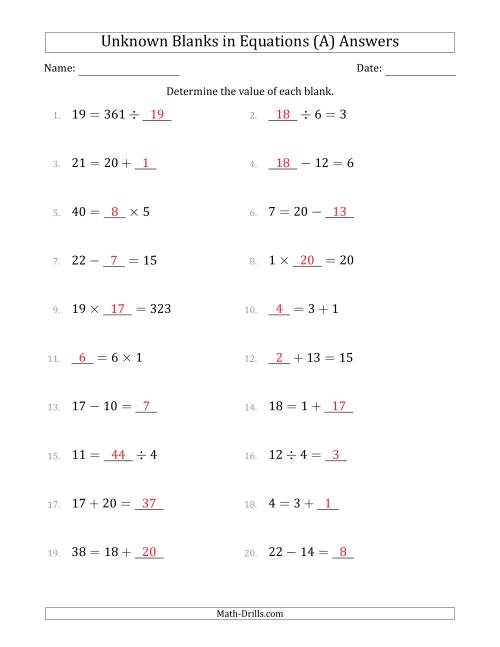 The Unknown Blanks in Equations - All Operations - Range 1 to 20 - Any Position (A) Math Worksheet Page 2