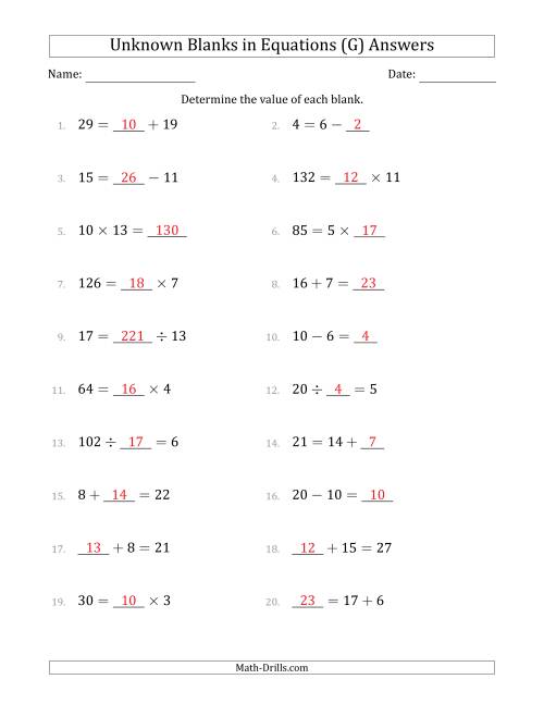 The Unknown Blanks in Equations - All Operations - Range 1 to 20 - Any Position (G) Math Worksheet Page 2