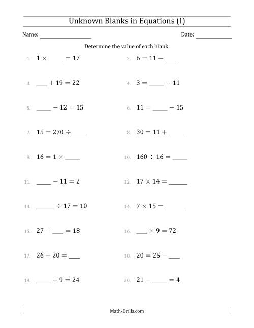 The Unknown Blanks in Equations - All Operations - Range 1 to 20 - Any Position (I) Math Worksheet
