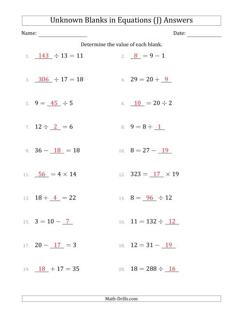 The Unknown Blanks in Equations - All Operations - Range 1 to 20 - Any Position (J) Math Worksheet Page 2