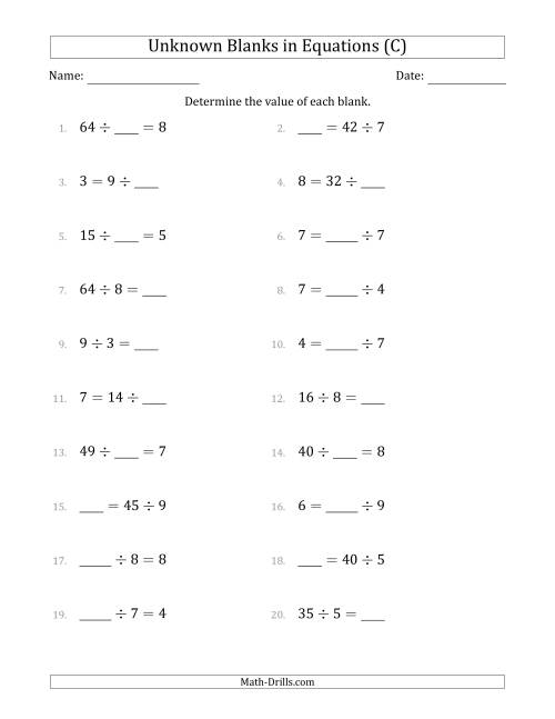 The Unknown Blanks in Equations - Division - Range 1 to 9 - Any Position (C) Math Worksheet