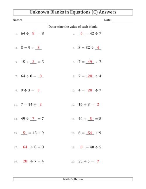 The Unknown Blanks in Equations - Division - Range 1 to 9 - Any Position (C) Math Worksheet Page 2