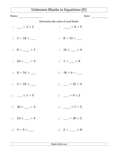 The Unknown Blanks in Equations - Division - Range 1 to 9 - Any Position (E) Math Worksheet