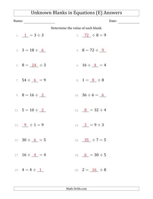 The Unknown Blanks in Equations - Division - Range 1 to 9 - Any Position (E) Math Worksheet Page 2