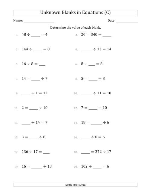 The Unknown Blanks in Equations - Division - Range 1 to 20 - Any Position (C) Math Worksheet