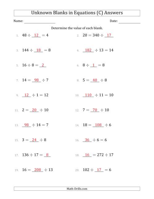 The Unknown Blanks in Equations - Division - Range 1 to 20 - Any Position (C) Math Worksheet Page 2