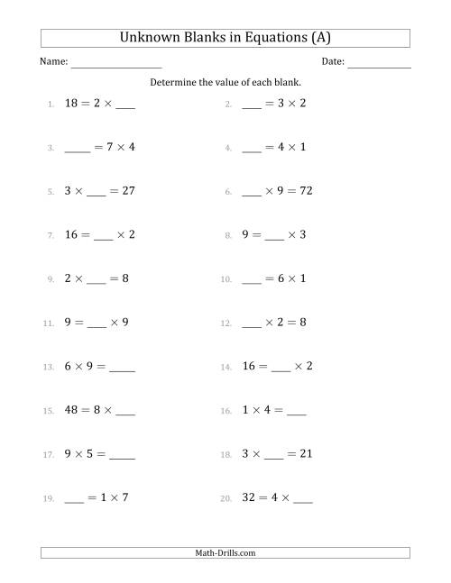 The Unknown Blanks in Equations - Multiplication - Range 1 to 9 - Any Position (A) Math Worksheet