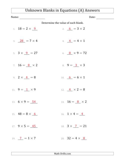 The Unknown Blanks in Equations - Multiplication - Range 1 to 9 - Any Position (A) Math Worksheet Page 2